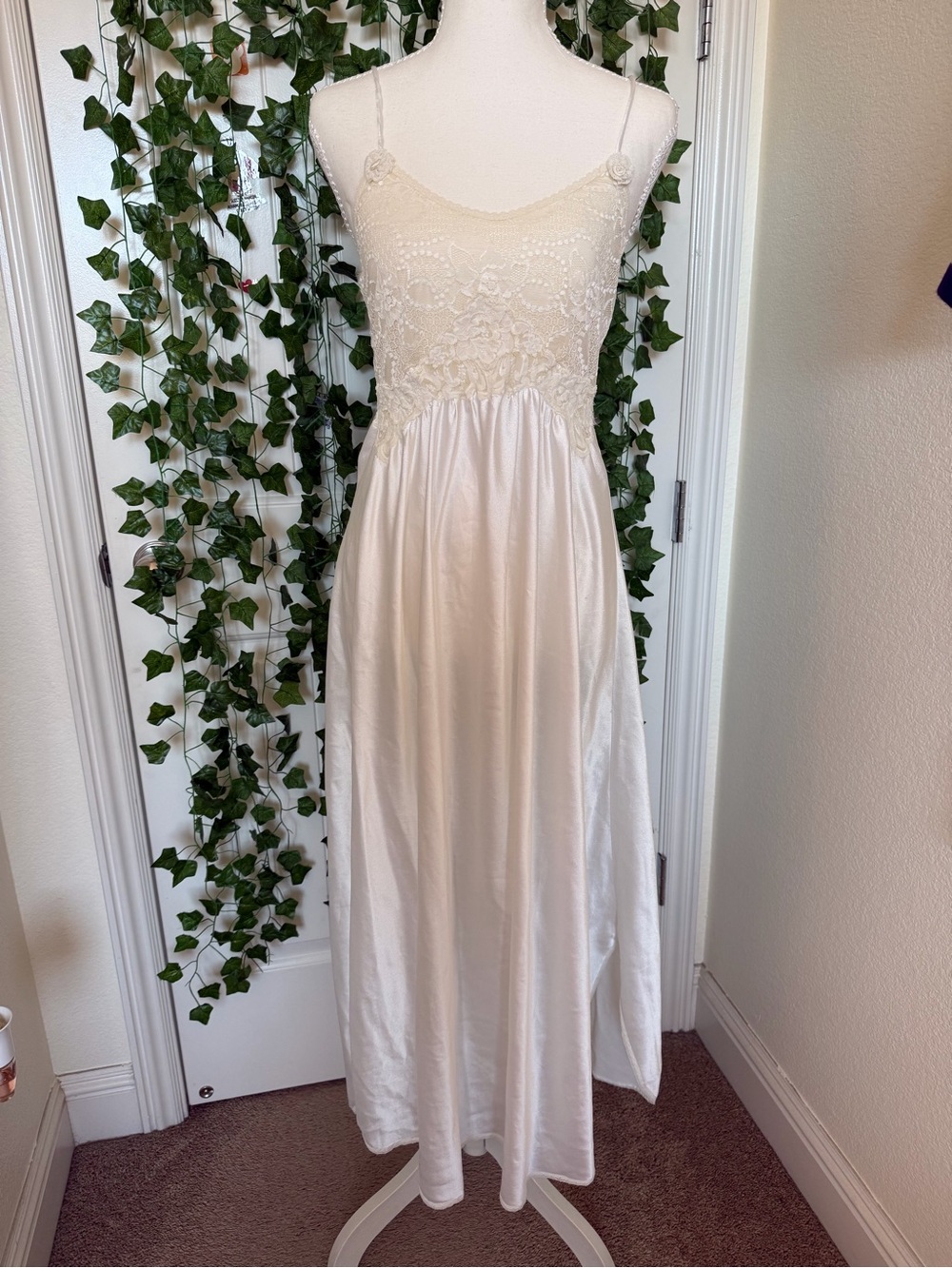 1990s Dior Ivory Lace-Bodice Spaghetti-Strap Maxi Slip Dress